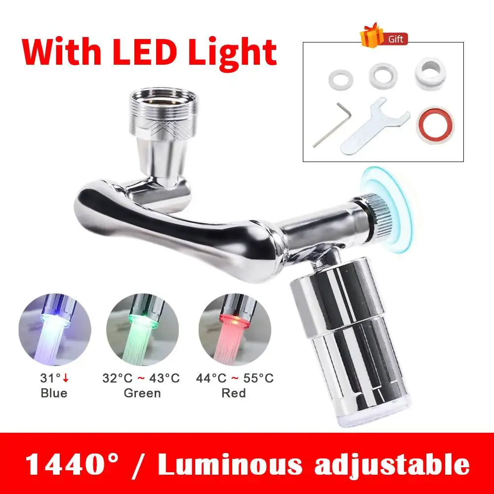 Rotary Faucets LED Temperature Sensitive 3-Color Light-up Water Saving 1440 Degree Swivel Faucets Nozzle Tap Adapter