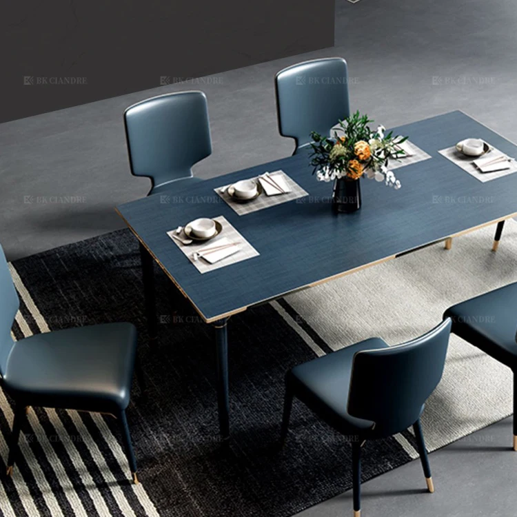 Scandinavian Dark Blue Marble Solid Wood Dining Tables Rectangle Sets and
