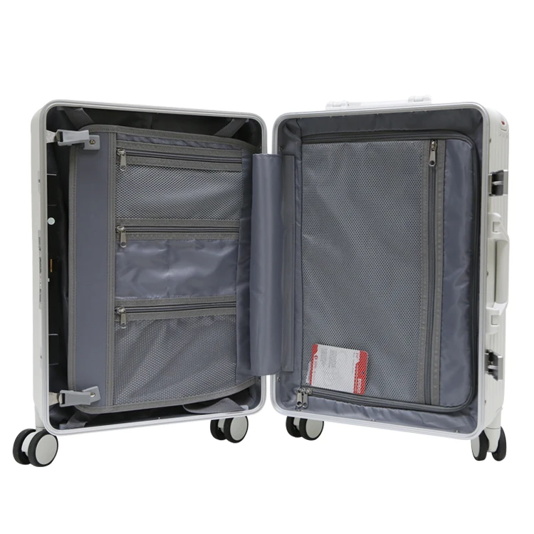 Unisex aluminum  trolley Business PC Spinner Luggage Fashionable USB Charge Suitcase Wide Trolley Cup Holder Front Opening Cover