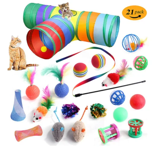 Interactive Cat Toy Set Kitten Toys Pack Tunnel Cat Feather Teaser Wand Toy Fluffy Mouse Crinkle Balls Many Free Combination