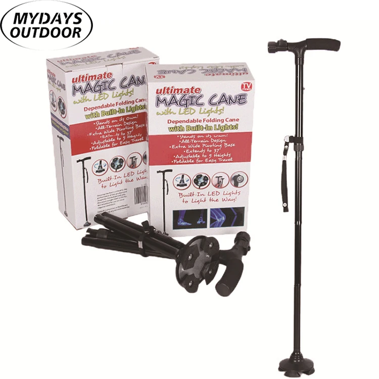 Mydays Outdoor Folding Telescopic Aluminum Alloy Carbon Fiber LED Four Support Points Trekking Pole for Camping Hiking