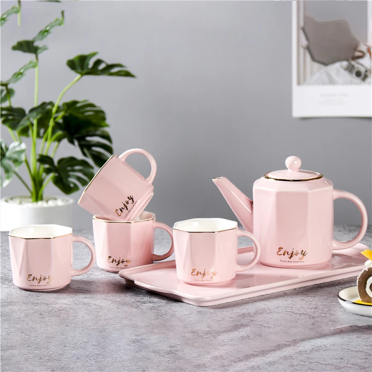 Nordic style home goods afternoon luxury porcelain tea cup set  drinkware pink ceramic tea set with gift box