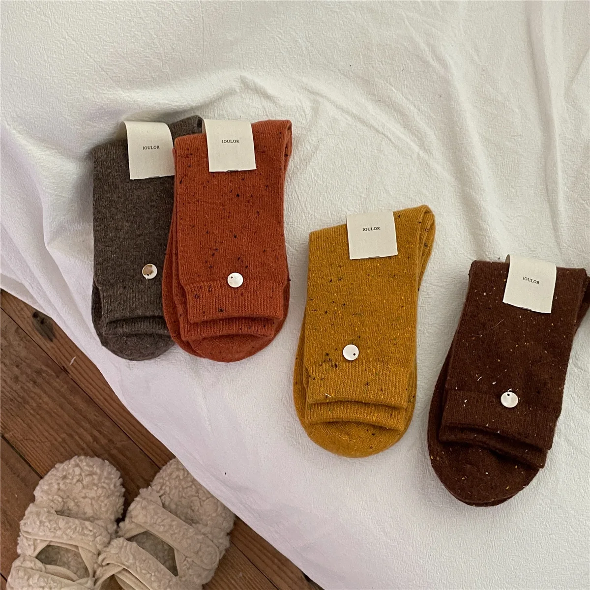 Winter Thicken Wool Warm Stockings Korean Solid Color Fashion Button Women Fluffy Warm Wool Socks