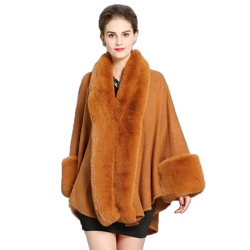 Модное благородное пальто-накидка из кроличьего меха с широкими рукавами, трикотажное кашемировое пальто из искусственного меха, Женское зимнее праздничное платье-накидка