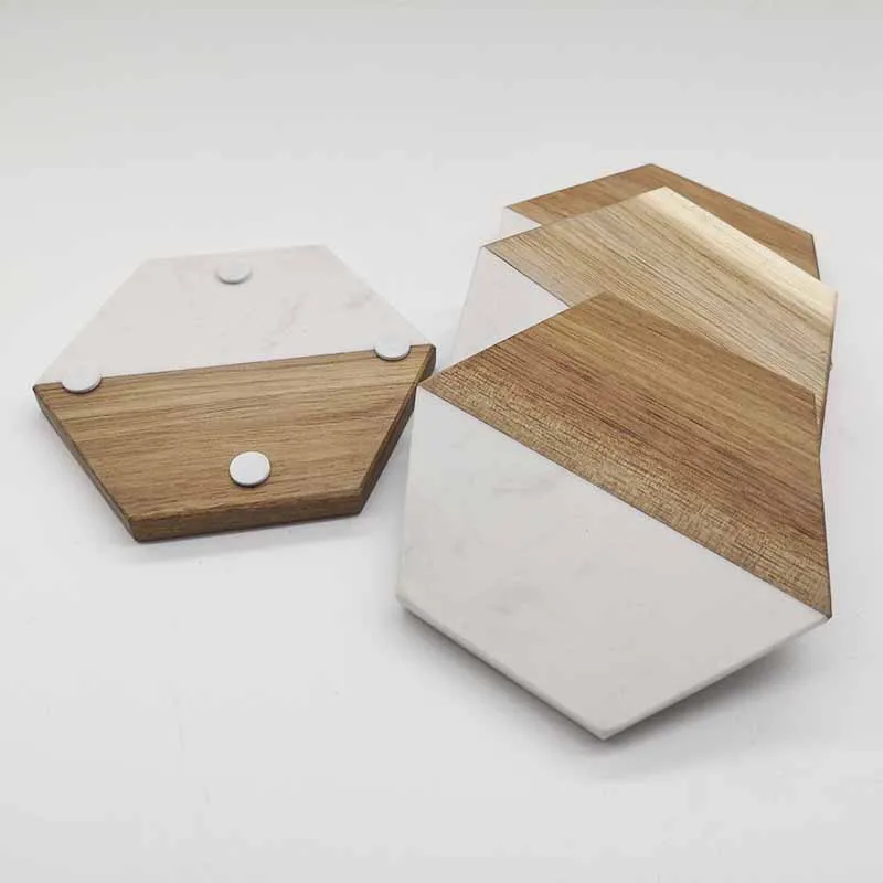 
Dinnerware New Design Hot selling Marble and Acacia Wood Hexagon Coaster Set 