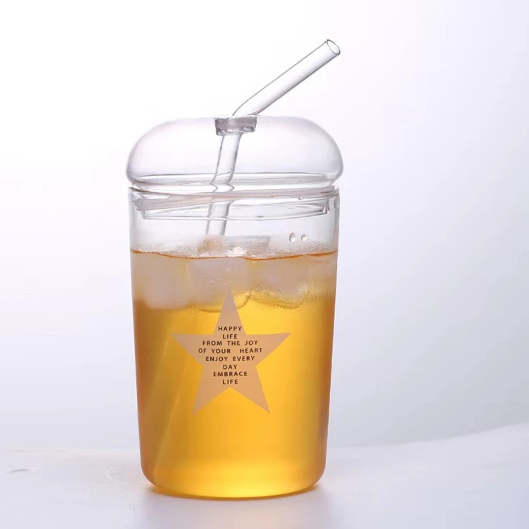 Clear Glass Cup With Drinking Straw Heat Resistant High Borosilicate