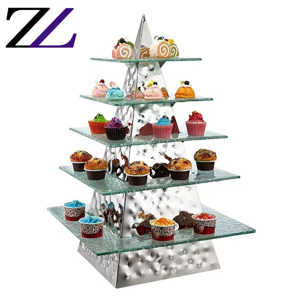 Buffetware pastry display racks cupcake glass risers triangle hammered 5 layer stainless steel buffet cocktail raiser and stands