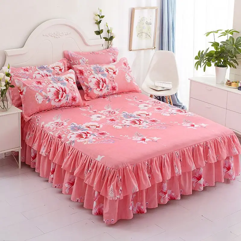 3pcs Set Bedding Skirt +2pcs Pillowcases Wedding Bedspread Bedsheet Mattress Cover Full Twin Queen King Size Floral Bedsheets