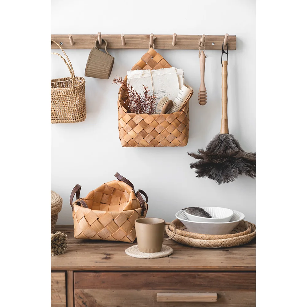 Home decorations rattan woodchip woven flower hanging storage basket knitted organizer basket home decoration