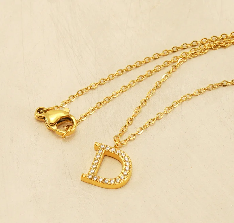 Custom 18K Gold Plated Stainless Steel Chain A-Z Diamond Initial Letter Pendant Necklace Gift Wedding Party