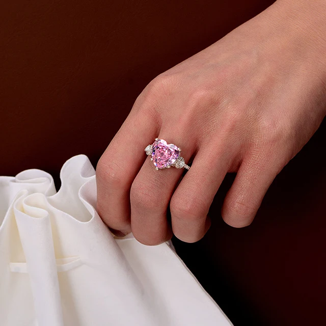 Pink Heart Diamond Engagement Ring Heart Cut Pink Sapphire Ring in Sterling Silver