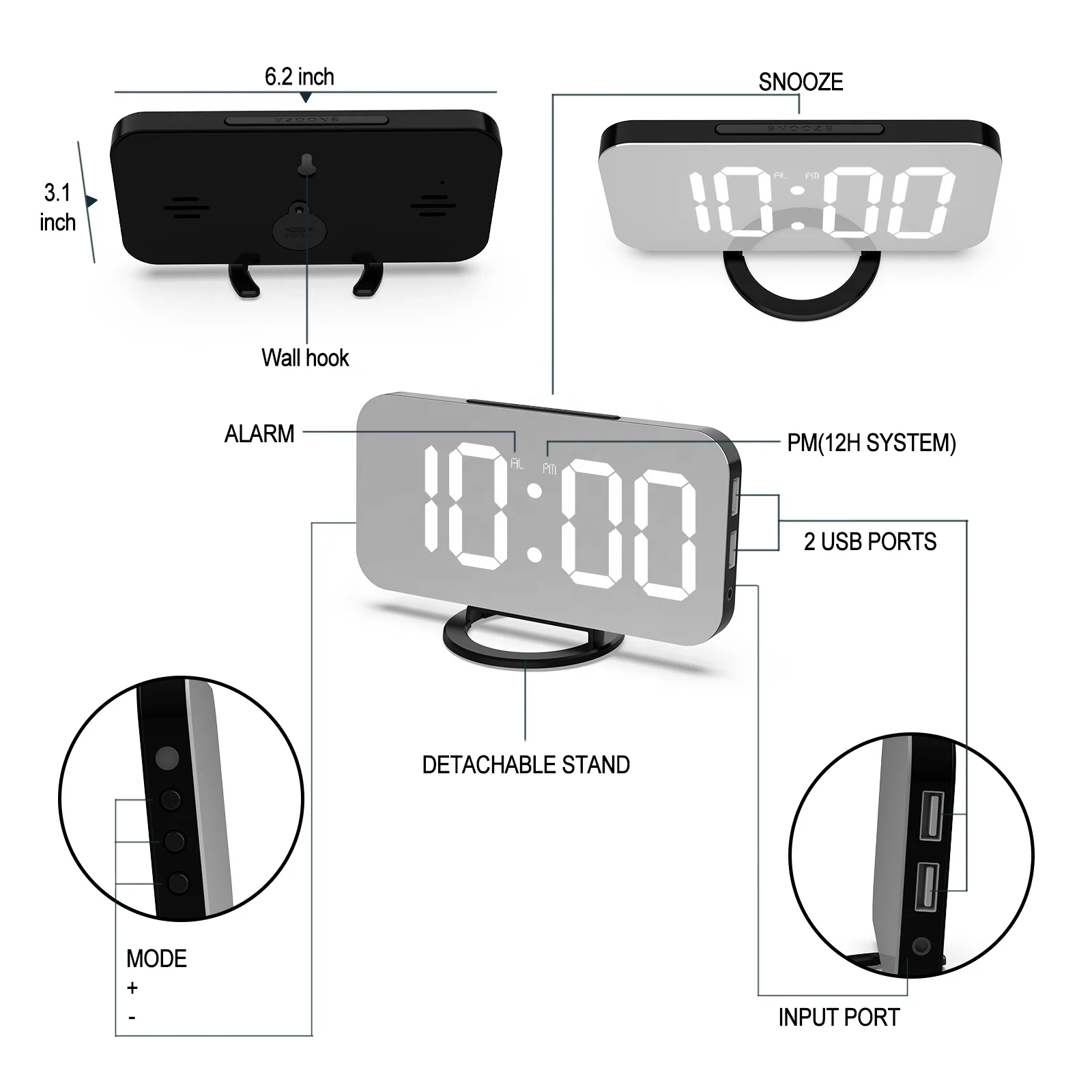 2022 Fashionable Desktop Mirror Alarm Clock Wall Mounted Digital LED Wall Clock