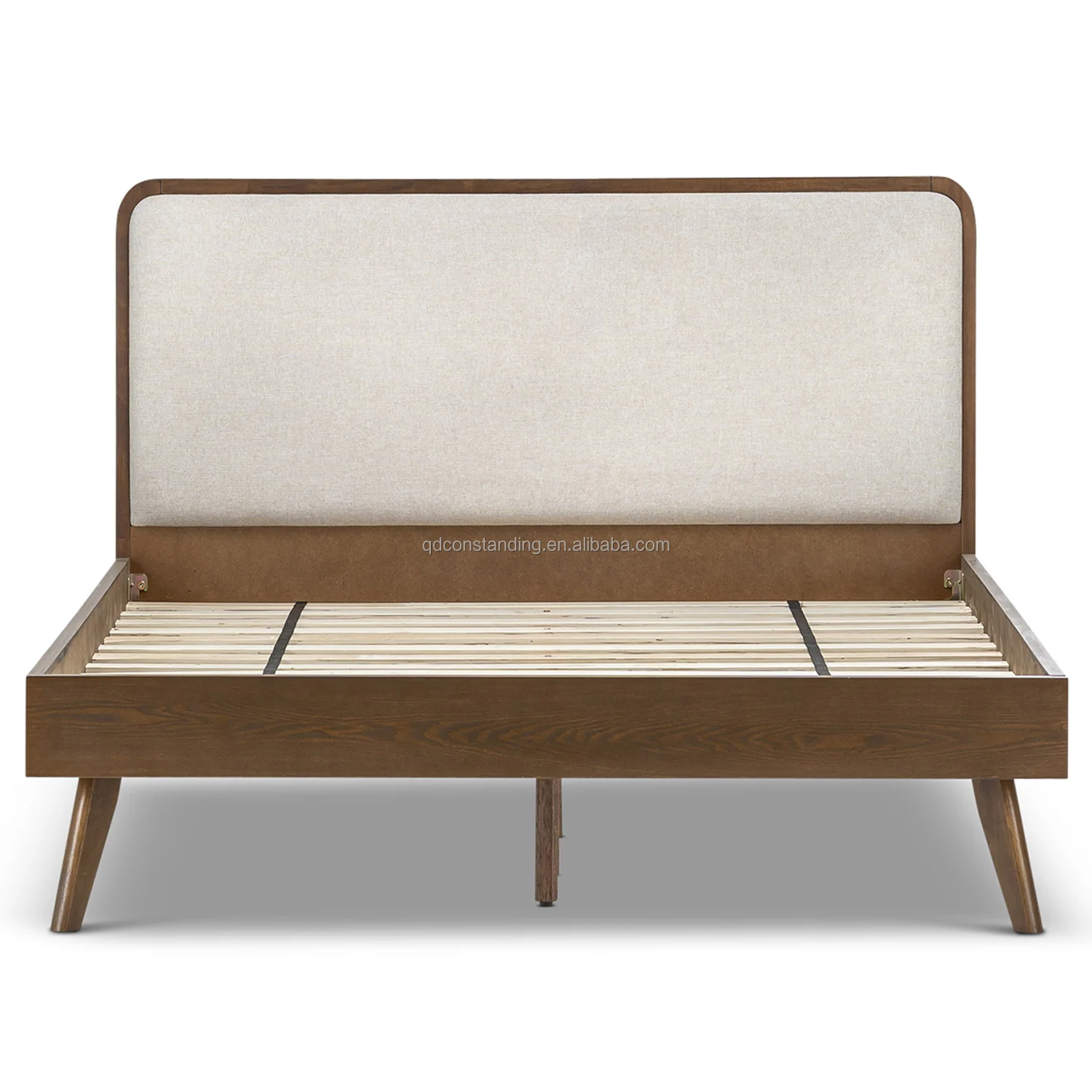 Modern Soft Gray Fabric Queen Size Solid Wood And Upholstered King Bed