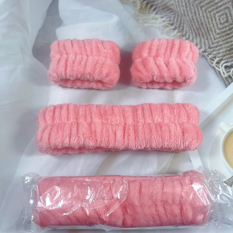 Soft Coral Fleece Fabric Elastic Headband and Wrist Band Set for Washing Face in Hairband Category