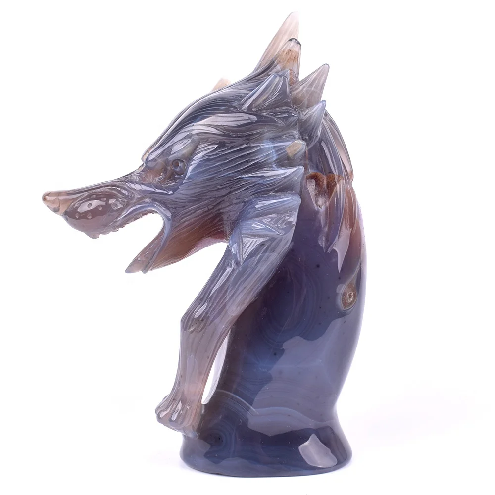 High Quality  Agate Geode Statue Crystal Hand Carved Wolf