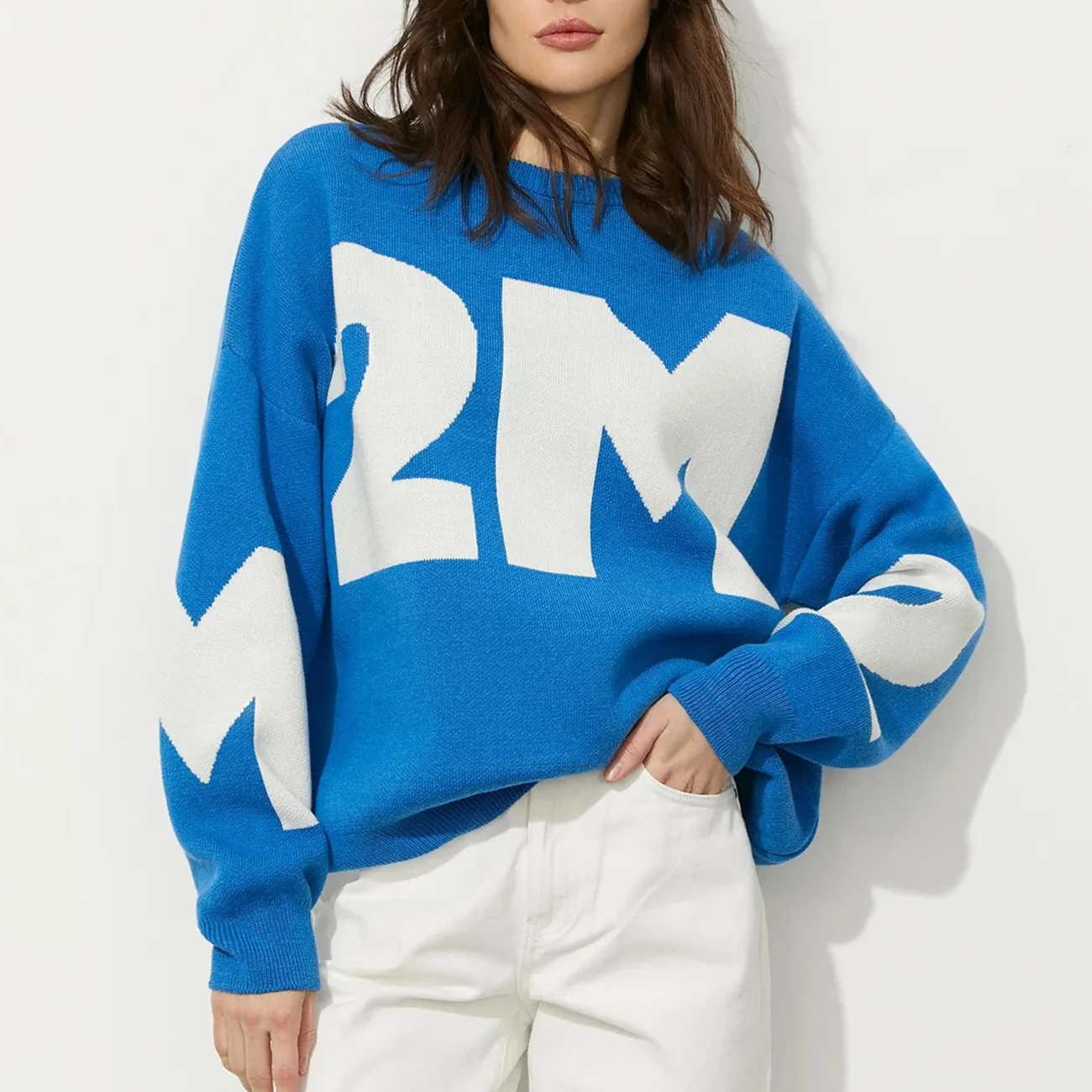 Custom LOGO Fall Women Oversized Knitwear Crewneck Color Block Wool Crochet Embroidery Print Pullover Cotton Knit Sweater