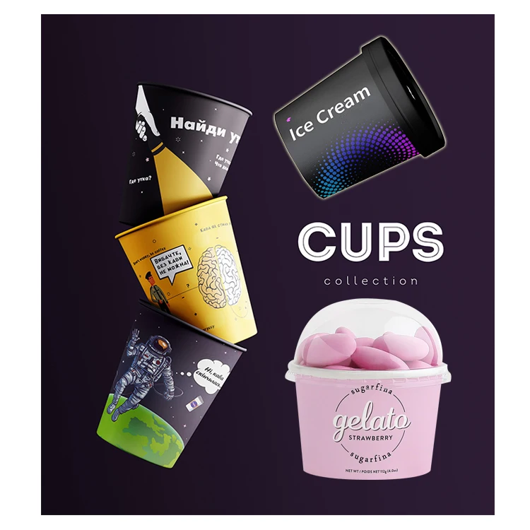 New Design 8oz 12 Oz 100ml Custom Logo Disposable Small Icecream Container Single Double Wall Ice Cream Paper Cup Tub with Lid