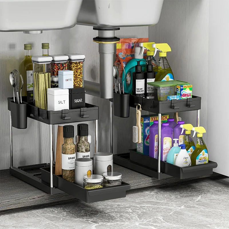 2 Pack Under Sink Organizer 2 Tier Under Sink Storage Organizer with Hooks and Hanging Cups for Bathroom,Kitchen Multi-Purpose S