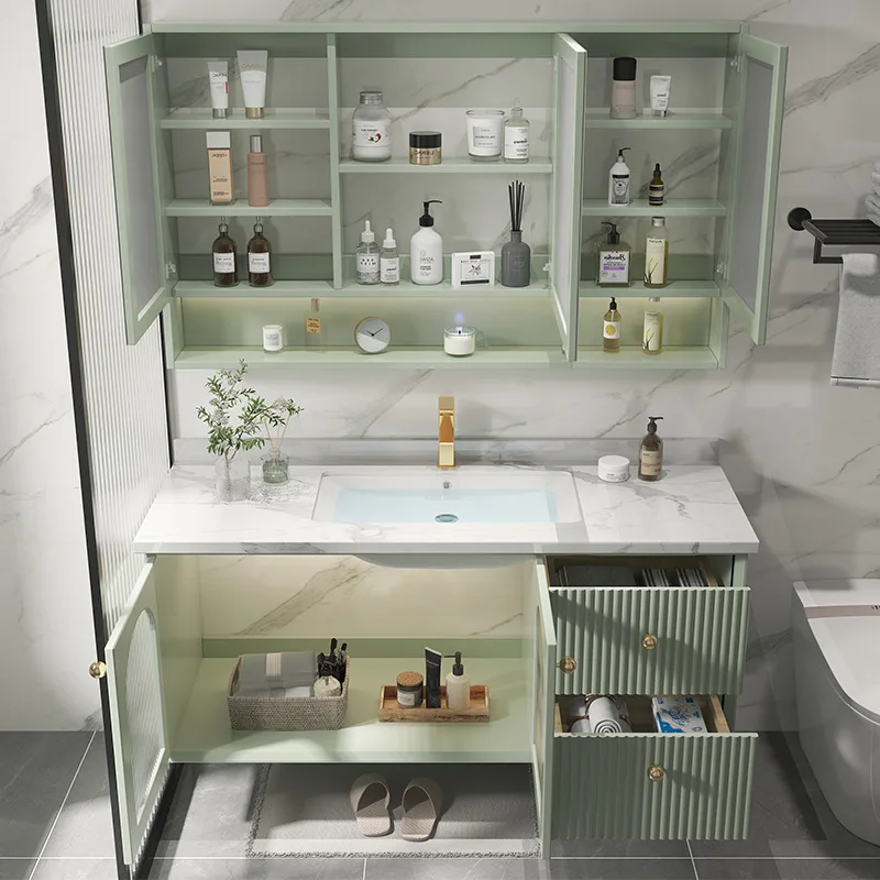 MDF solid wood Simple rock board integrated basin bathroom cabinet toilet solid wood washbasin vanity with Mirror cabinet