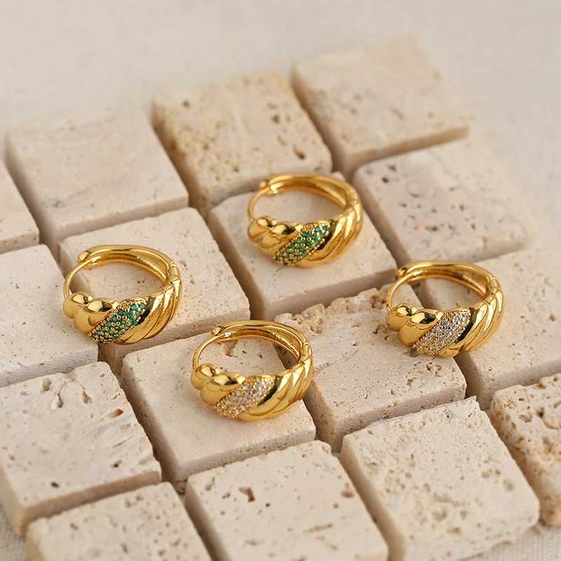 Delicate women earrings hoops thick small vintage 18k gold plated huggie round white  green zirconia jewelry hoop earrings