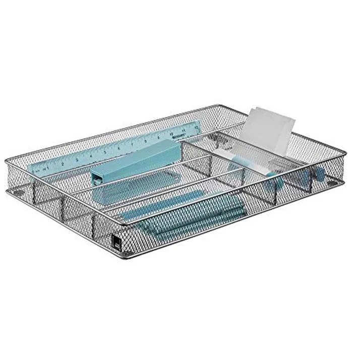 Black & silver cutlery tray , 6 compartments | kitchen utensil silverware tray | flatware drawer organizer | the mesh collection