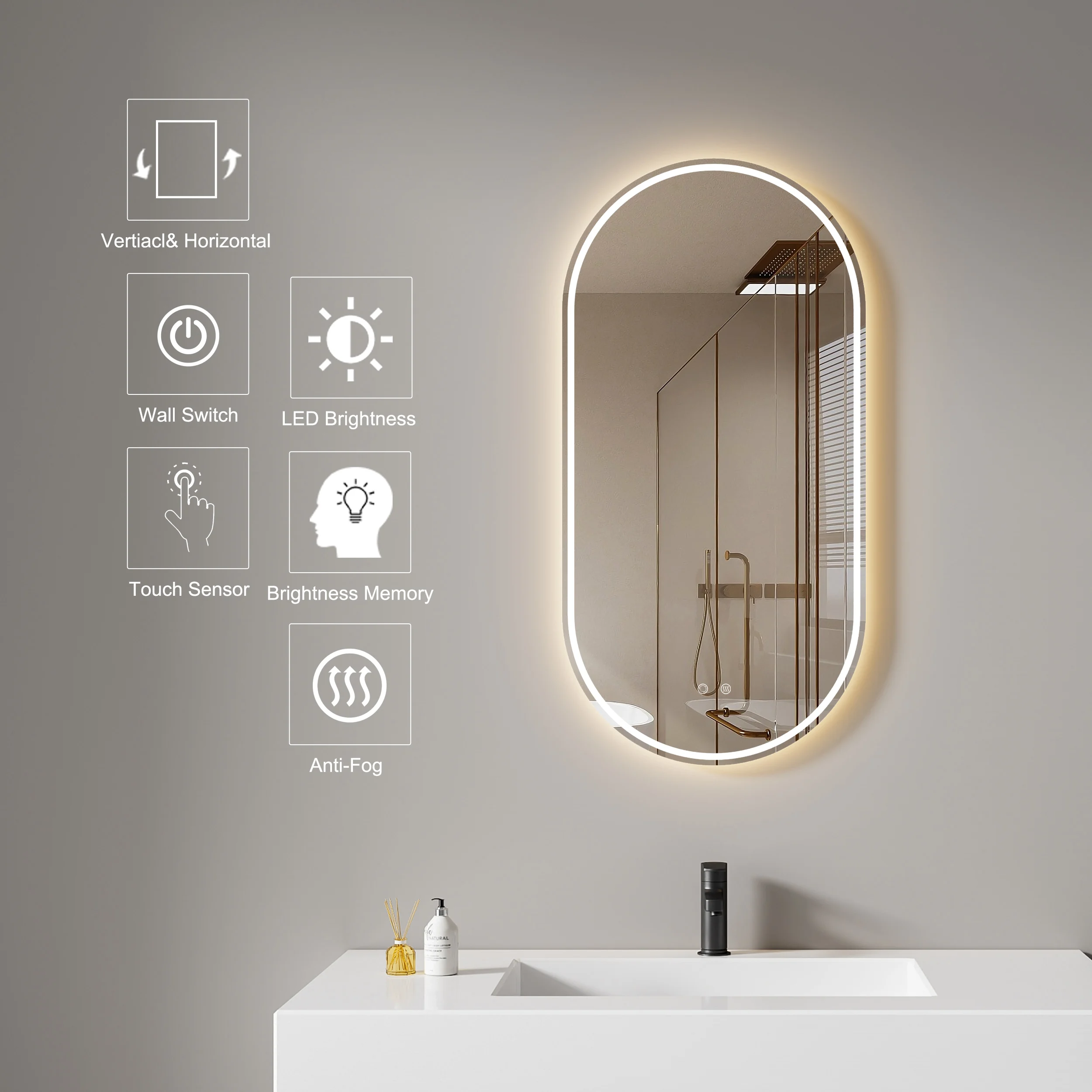 Oval shape anti fog smart wholesale vanity frameless wall manufacturers led light hotel mirror bathroom oval