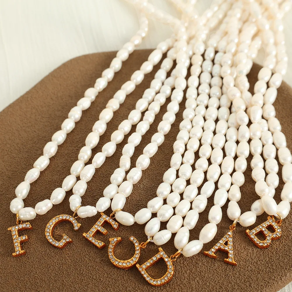 Freshwater Pearl Letter Pendant Necklace New Stainless Steel 18k Beaded Zircon Necklace Waterproof Fashion Necklace