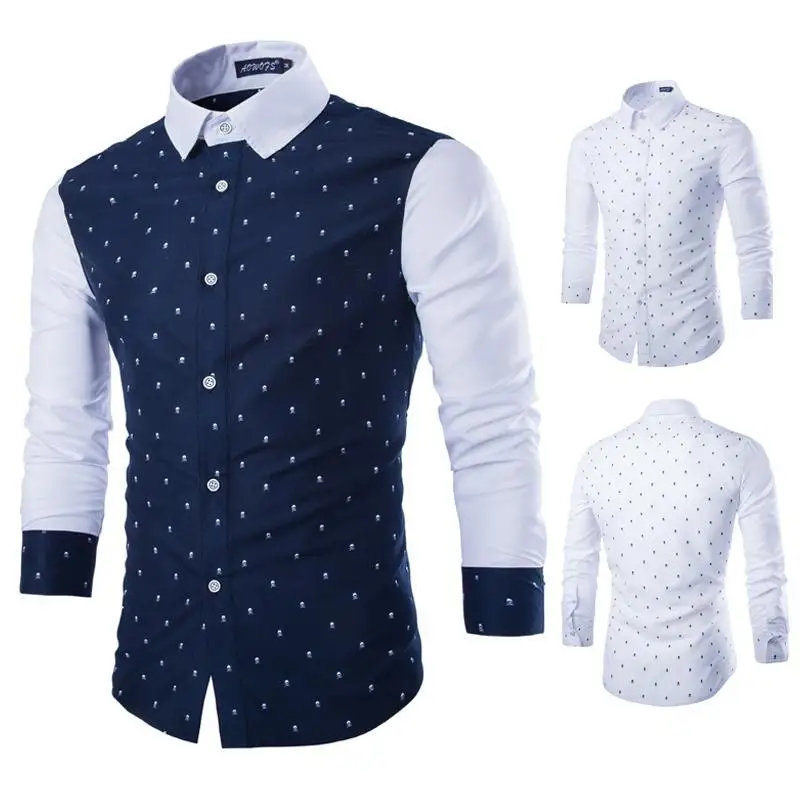 FanLi OEM Custom Printing Patchwork Slim Casual Skull Print Lapel Collard Shirts For Men