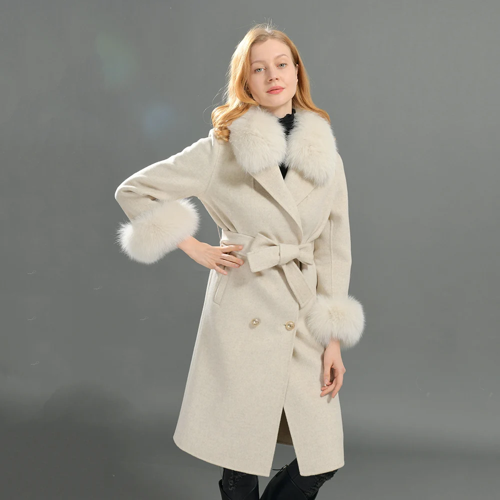 Mao Mao Fur New Fashion Fur Coat Wool Detachable Fox Fur Collar Women Warm Long Coat Wool