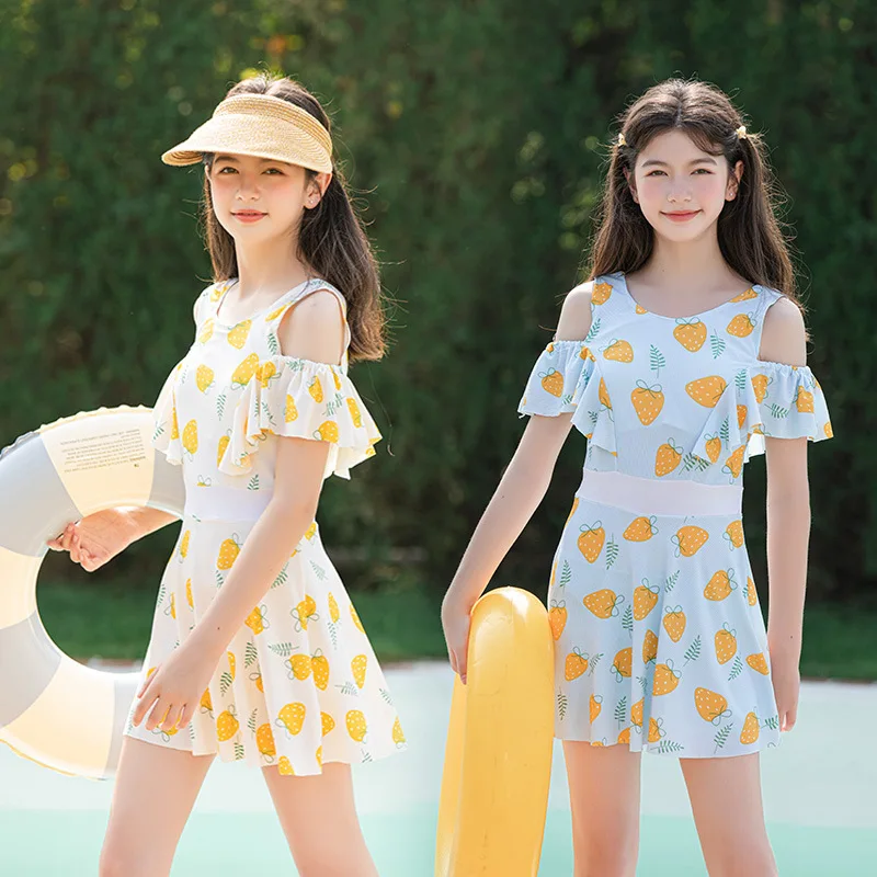 9-13Y Summer spa resort bathing suit Quick-drying with pads one-piece swimsuit Dress with Boxer for Teen Girls