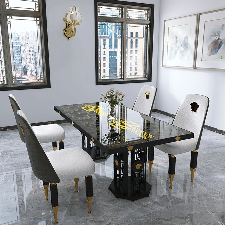 Custom classic flash black gold metal frame dining room table set restaurant furniture home porcelain luxury dining table set