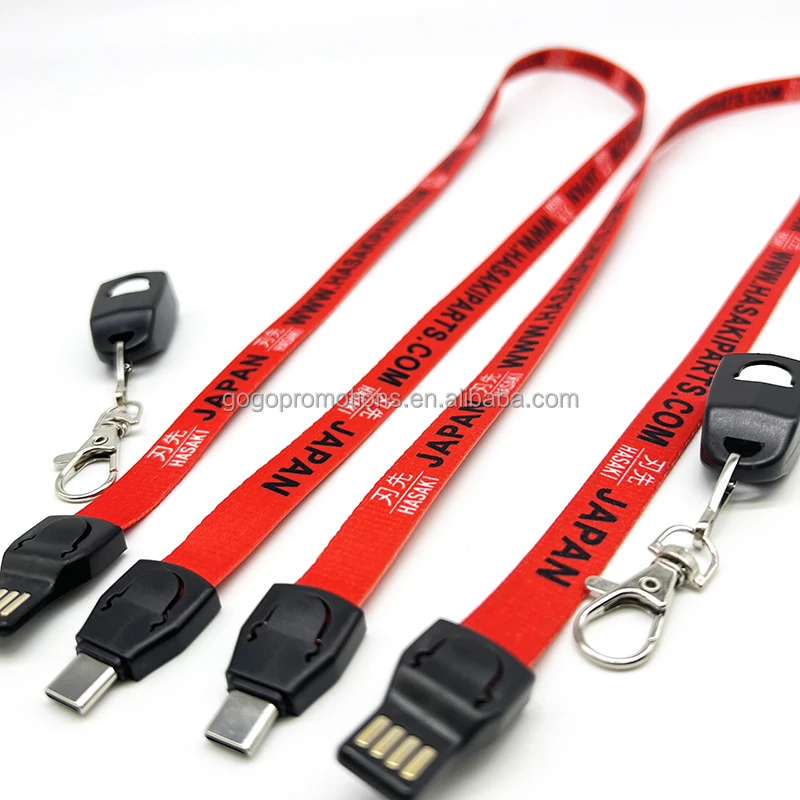 new creative design lanyard 3 in 1 data cables With high quality red lanyard Fast charge type C charging cable for portable