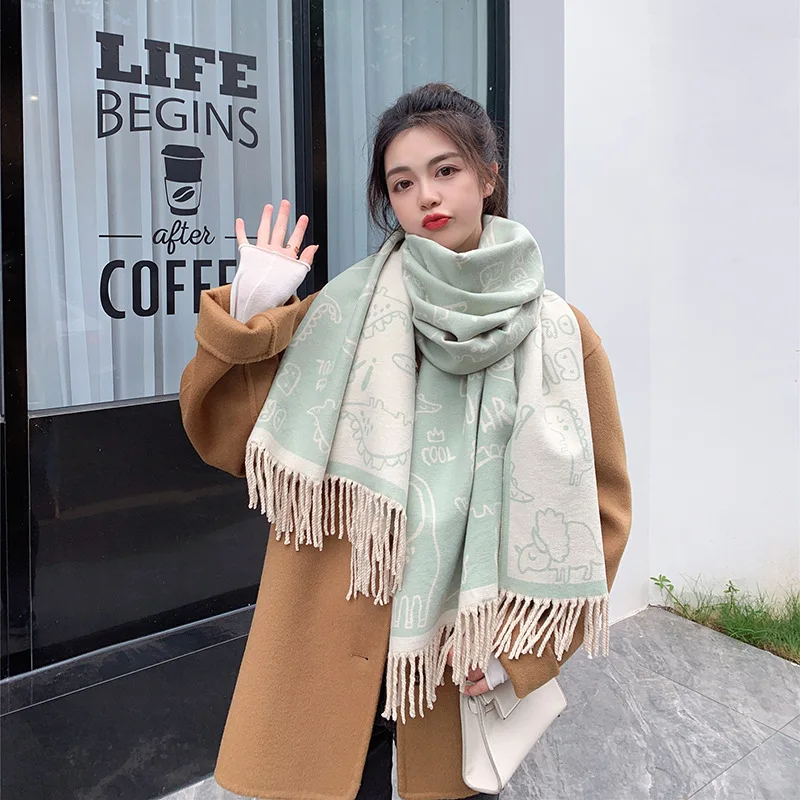 Wholesale Korea cute little dinosaur print tassel scarf cashmere shawl autumn and winter windproof scarf