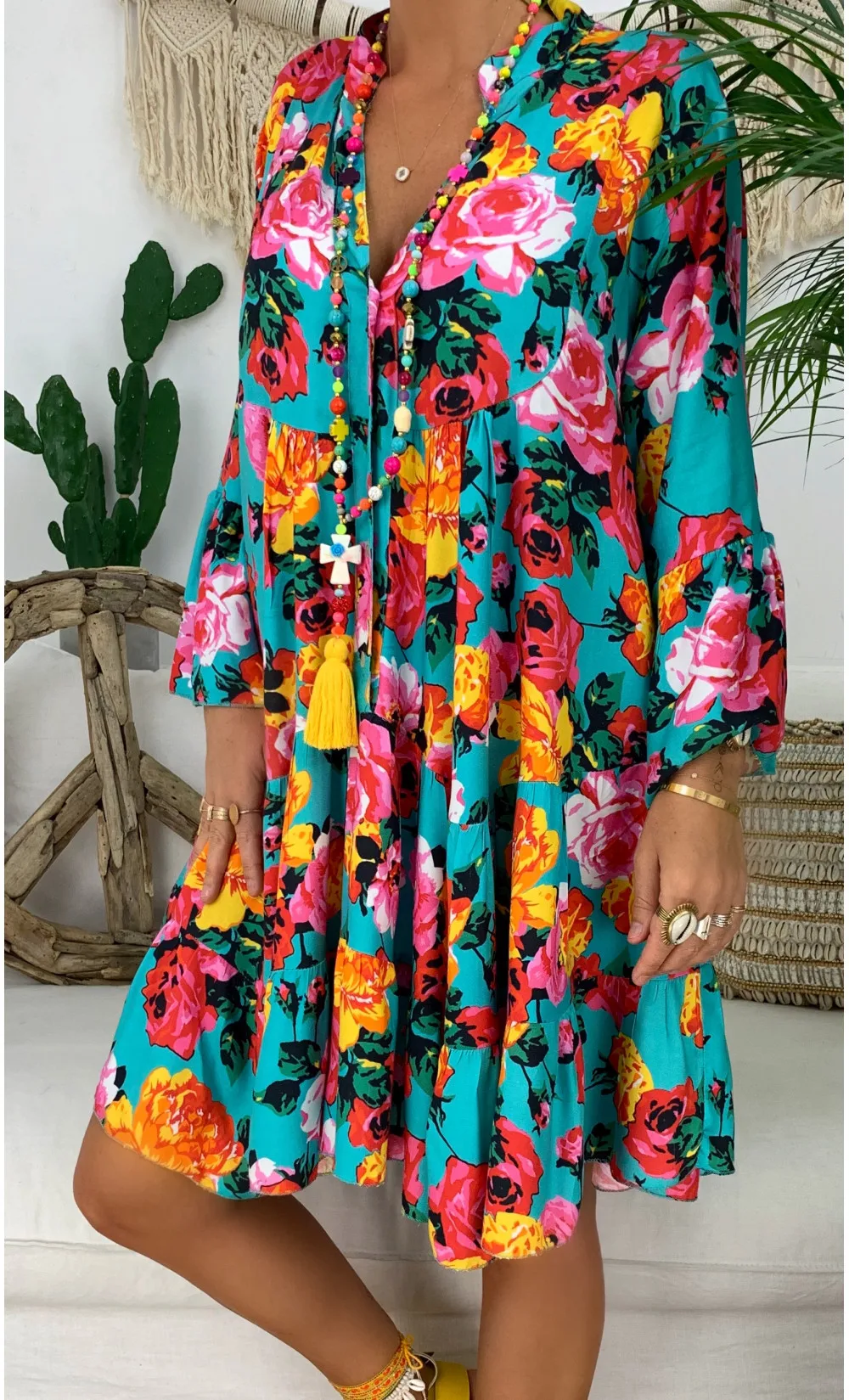 5XL Summer Boho Long Sleeve Maxi Shirts Dress Flower Floral Print Beach Dresses Loose Mini Party Tropical Tunic Dress Women