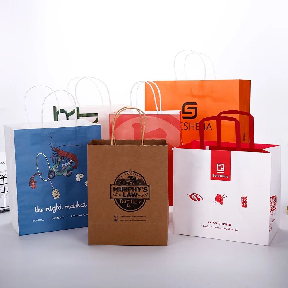 Custom Brown Kraft paper bags with flat handles,recycled restaurant twisted handle craft paper shopping bags for food take away