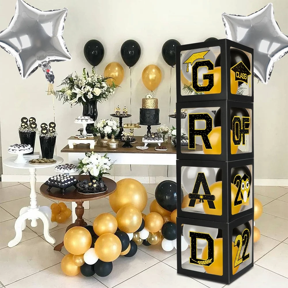 Ourwarm Custom Graduation Party Supplies Gifts Sets Black Gold Blocks Decoration Graduation Balloon Boxes with Led