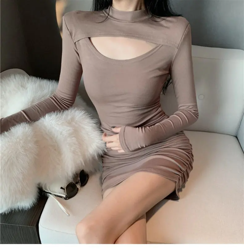 Custom logo FNJIA Hanging neck dress Slim and thin pleated bottom skirt Europe and America Scoop Tight Dress