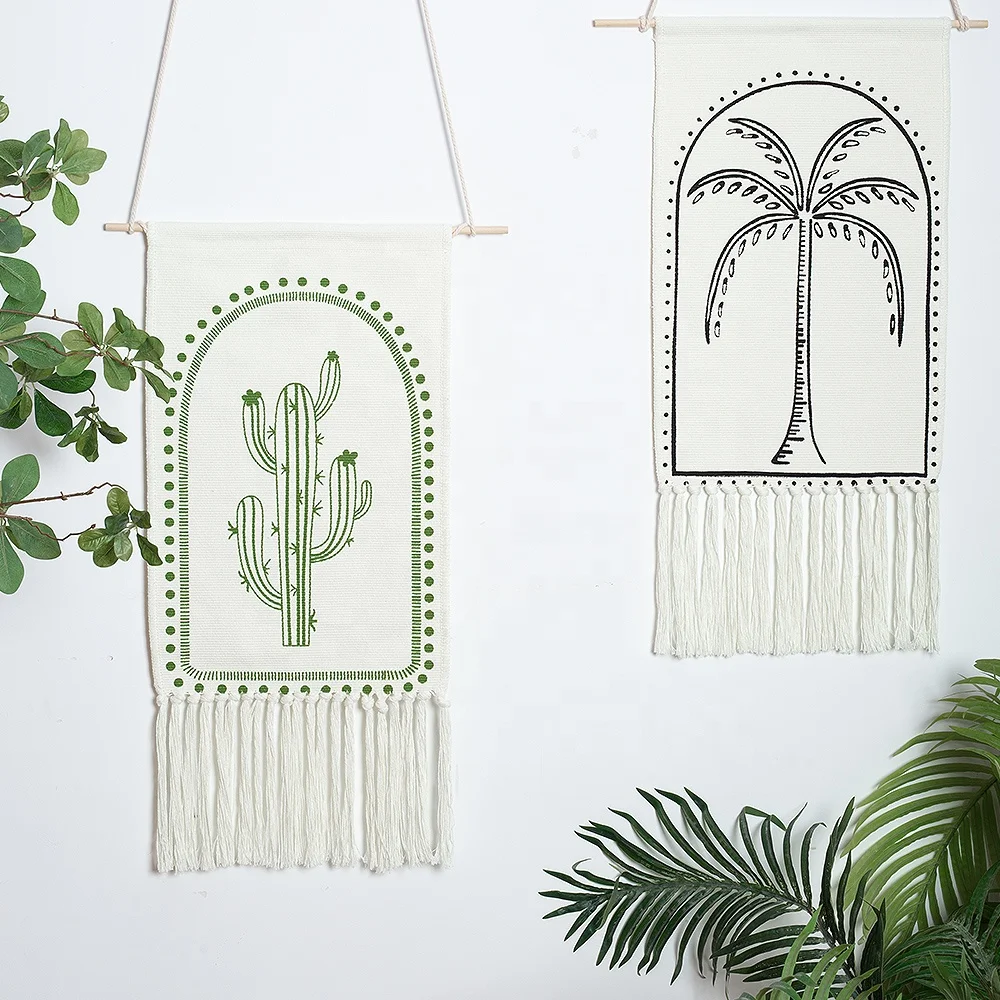 Boho style custom cotton woven coconut palm tree printed wall tapestry