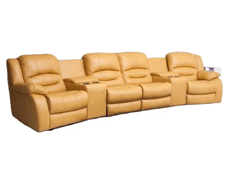 Удобный кожаный диван для домашнего кинотеатра с откидывающейся спинкой и хранилищем