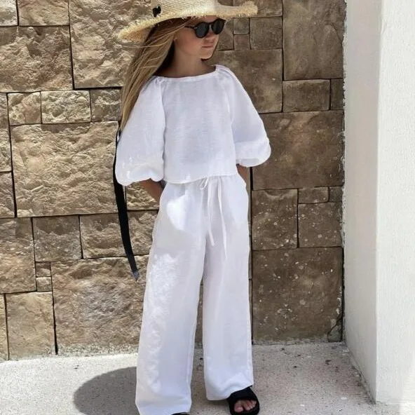 2024 Russian girls spring/summer cotton/linen fashion mid-sleeve lace-up top + casual pants two-piece set