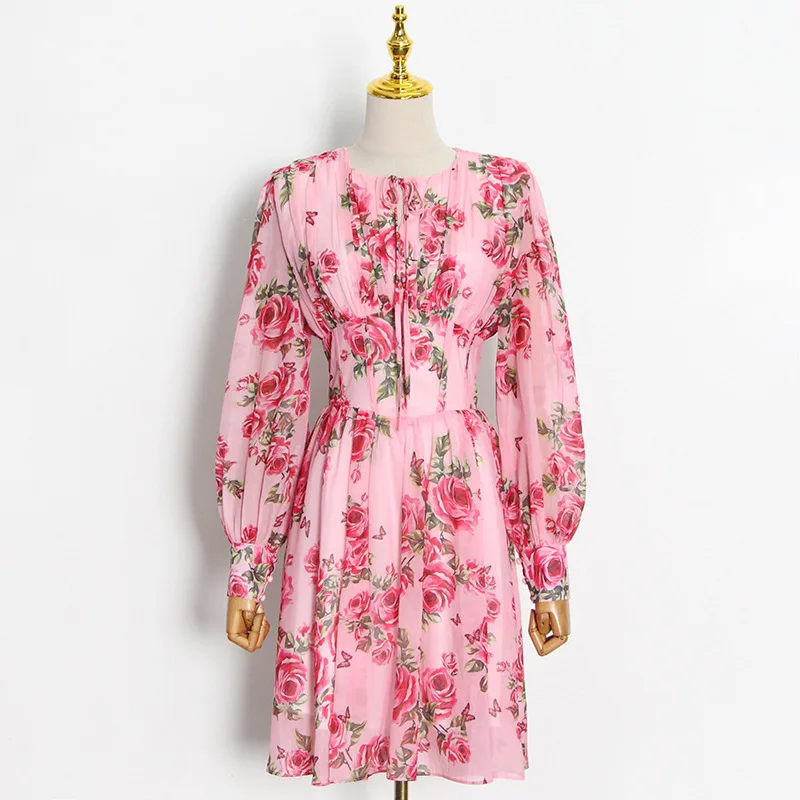 2021 Trendy Clothing Ropa De Mujer Floral Print O-collar Long Sleeve A-Line Mini Party Dress