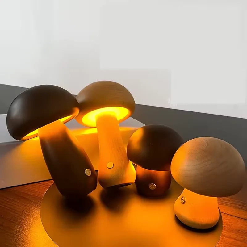 LED Wood Desk Lamp Bedroom Bedside Night Light Dimmable LED Creative Mushroom Table Lamp
