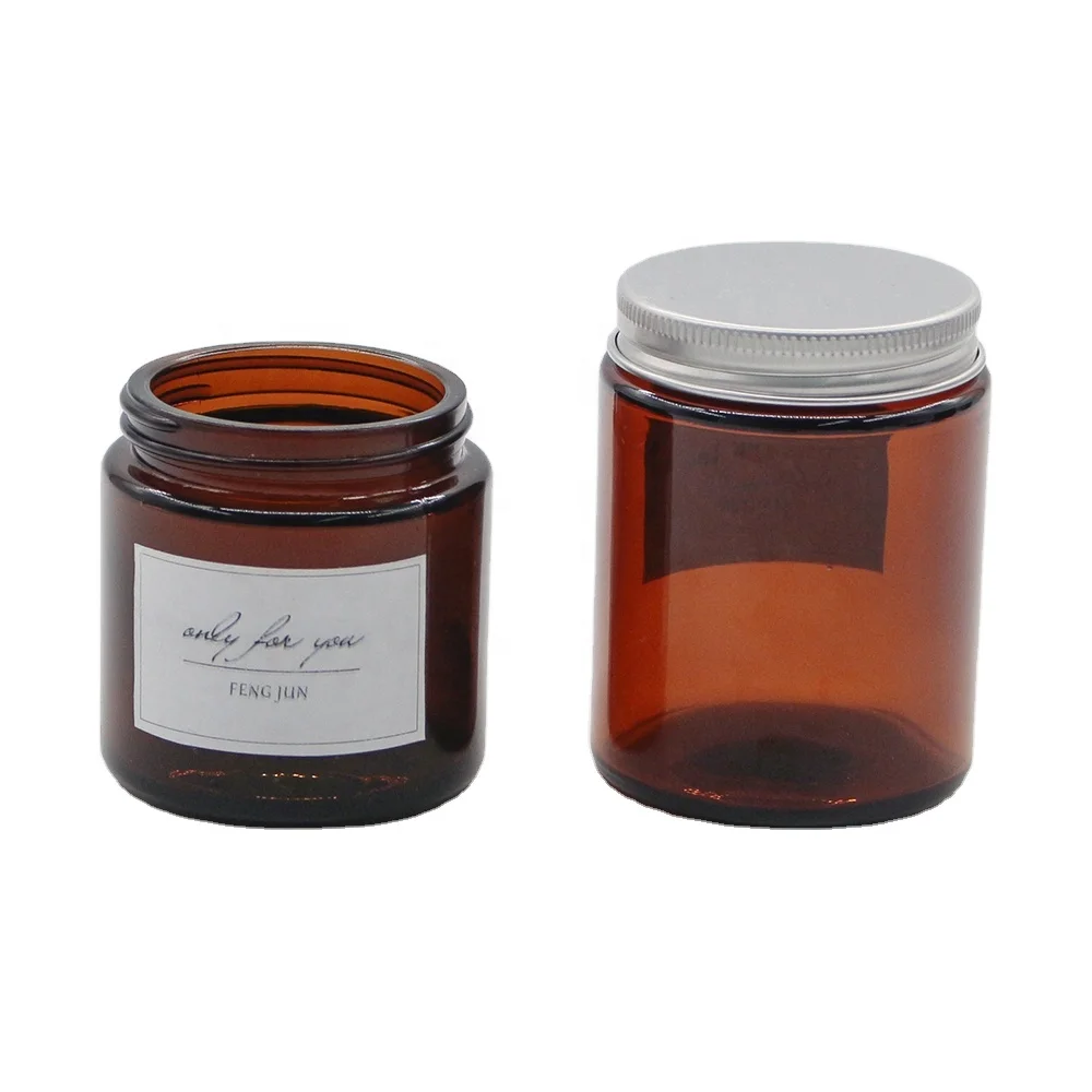 LANGXU empty amber glass candles jars bottle glass for candle making with metal screw lid