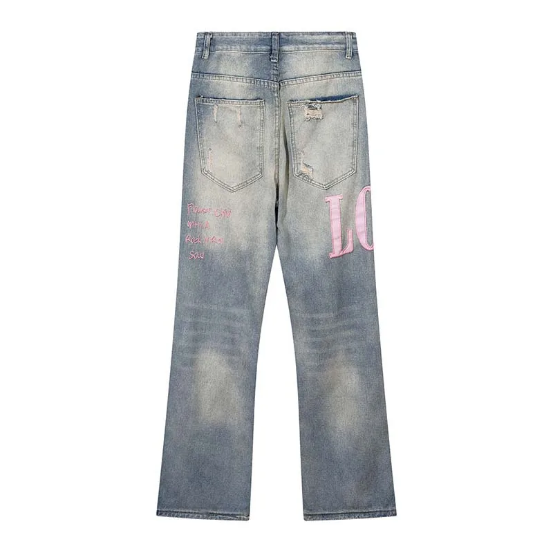 Patched Ripped Baggy Street Style Design Wide Leg Fashion Damaged Loose Denim Pants