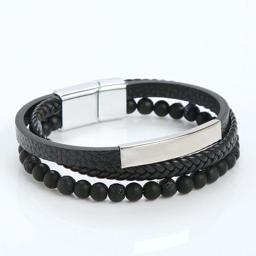 Vintage Stainless Steel Jewelry Unisex Braided Magnetic Clasp Beaded Leather Bracelet For Men