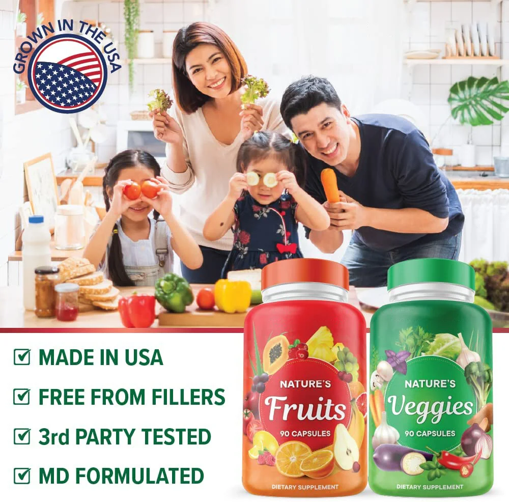 Private Label Fruits and Veggies Whole Food Supplement with Superfood 90 Fruit Capsules 90 Veggie Capsules