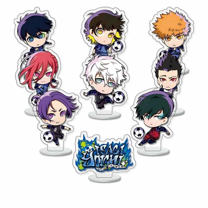 9PCS Key Chain cartoon pvc material  Stand Blue Lock Japanese Anime 8Bit Isagi Yoichi Cartoon Mini Plastic Building Blocks Kids