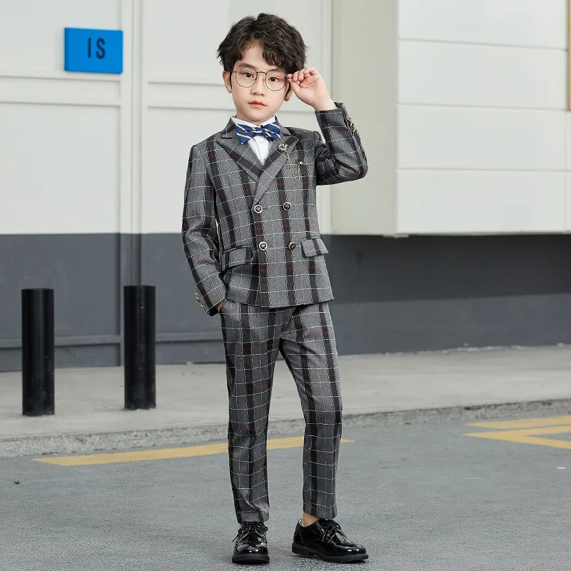 2022 Stripe Plaid Vintage Formal Boys Wedding Dress Suits Tuxedo Blazers Gentleman Jack Clothing Toddler Kids Sweatsuit Sets