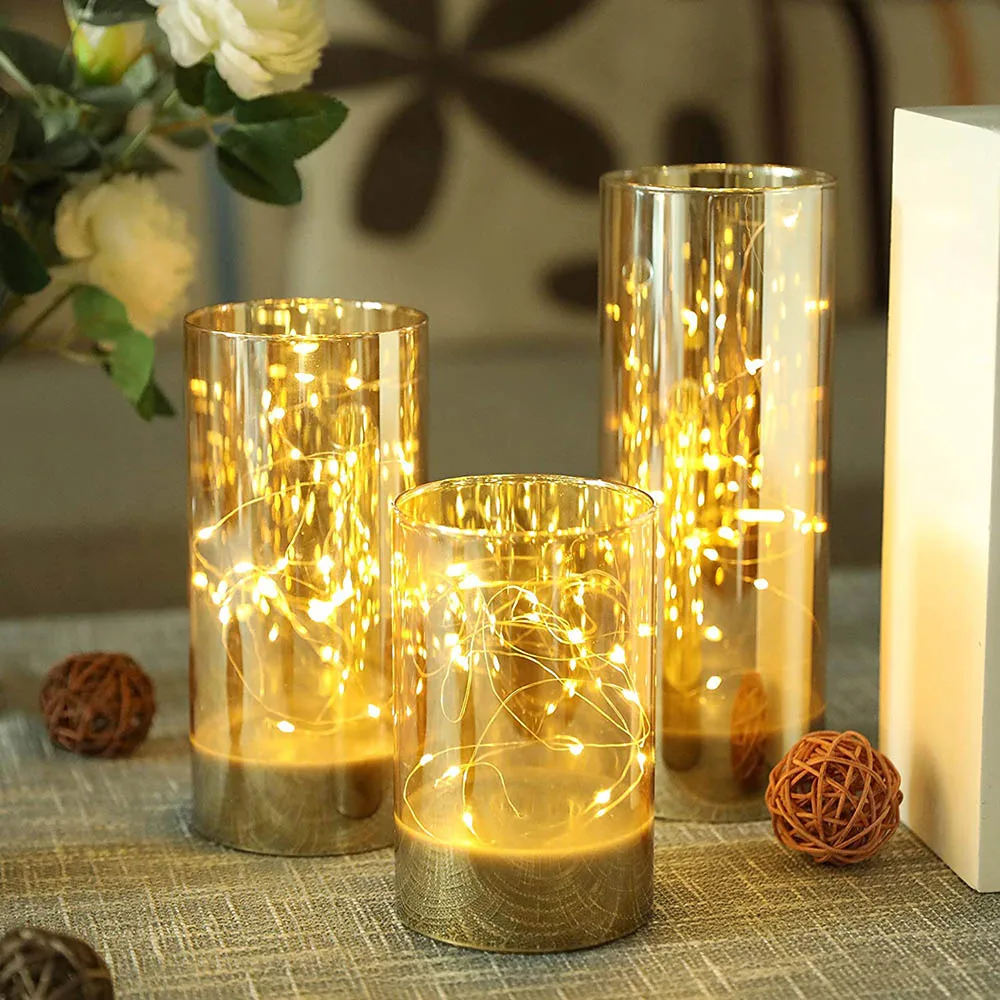 Set of 3  High Glass LED Candle Lights with fairy string Lights Battery Powered Remote Control for wedding,christmas decoration