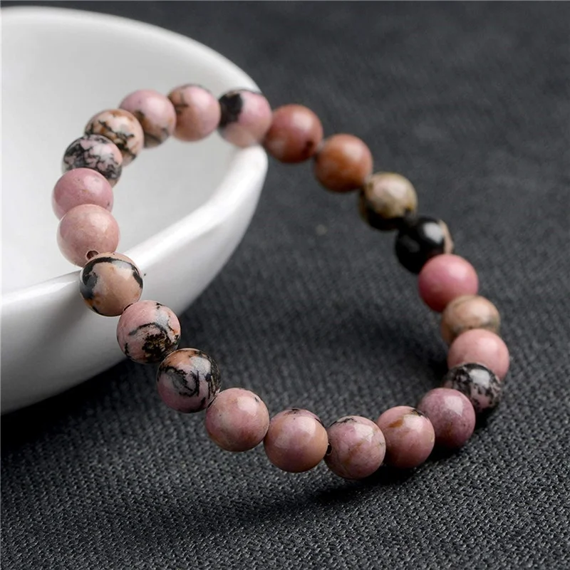 Natural Gemstone Pink Black Rhodonite Healing Crystal Stretch Stone Bead Bracelet 8mm